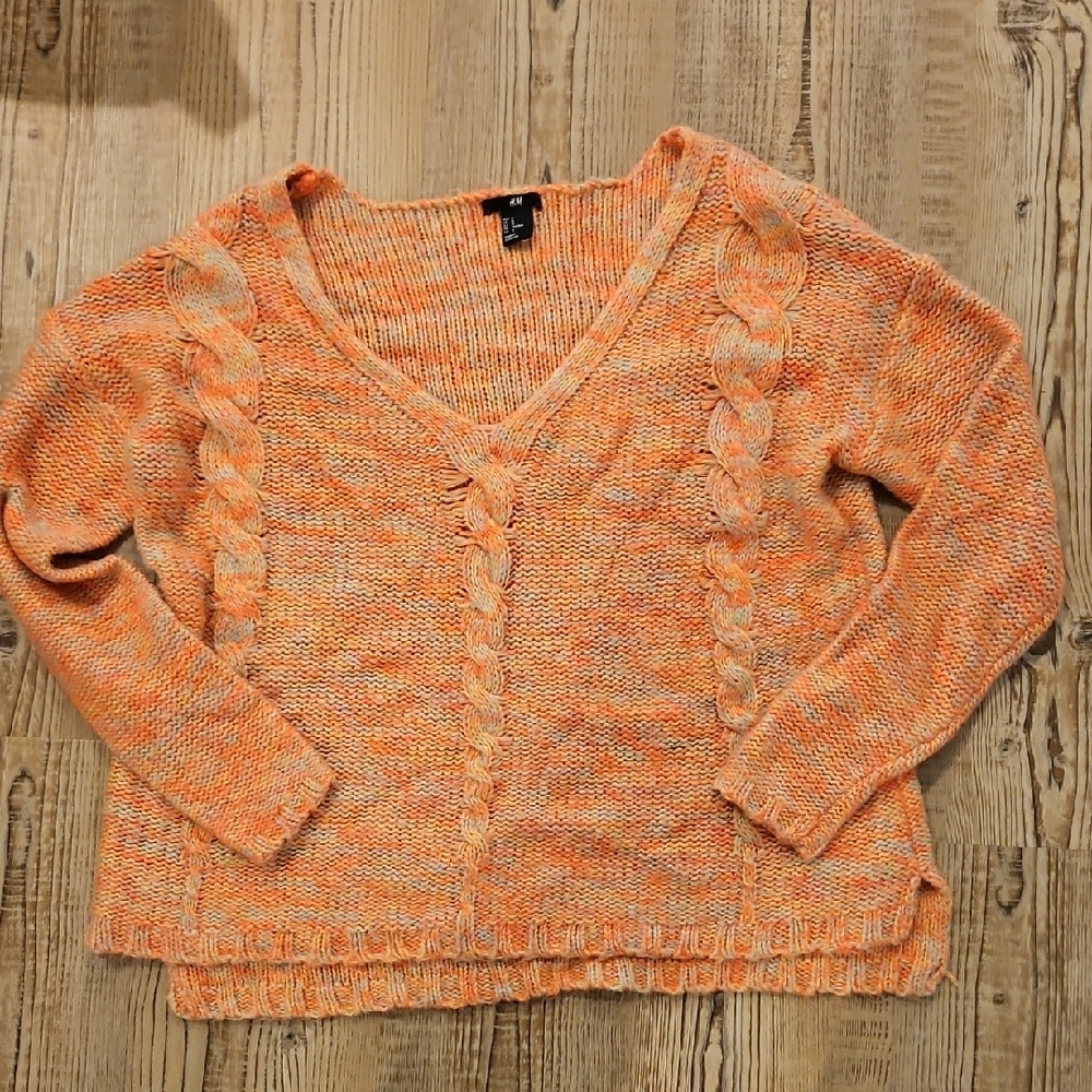 H&M Neon Pink Orange  Distressed Cable Knit Oversize Sweater